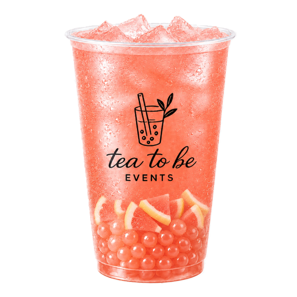 Grapefruit bubble tea with ice, lemon slices, and tapioca pearls in a clear cup with a logo that reads 'tea to be events' and an illustration of a tea drink with a straw and leaves.