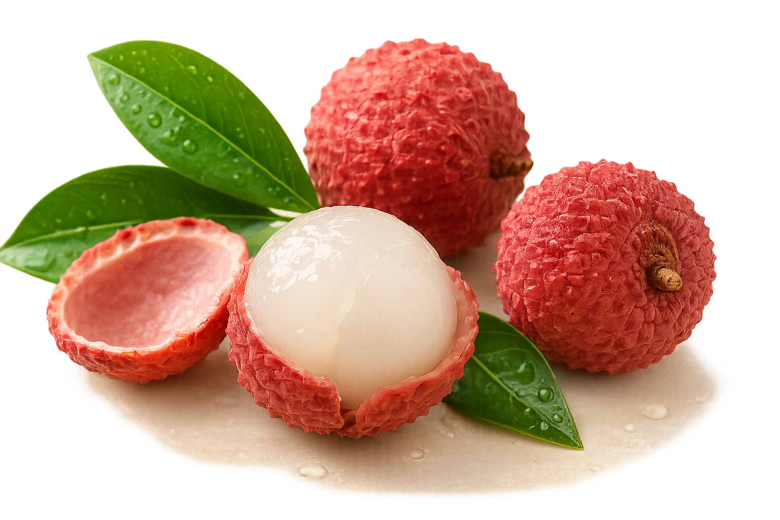 Fresh lychee fruits, some peeled and some unpeeled, with green leaves and water droplets on the surface.