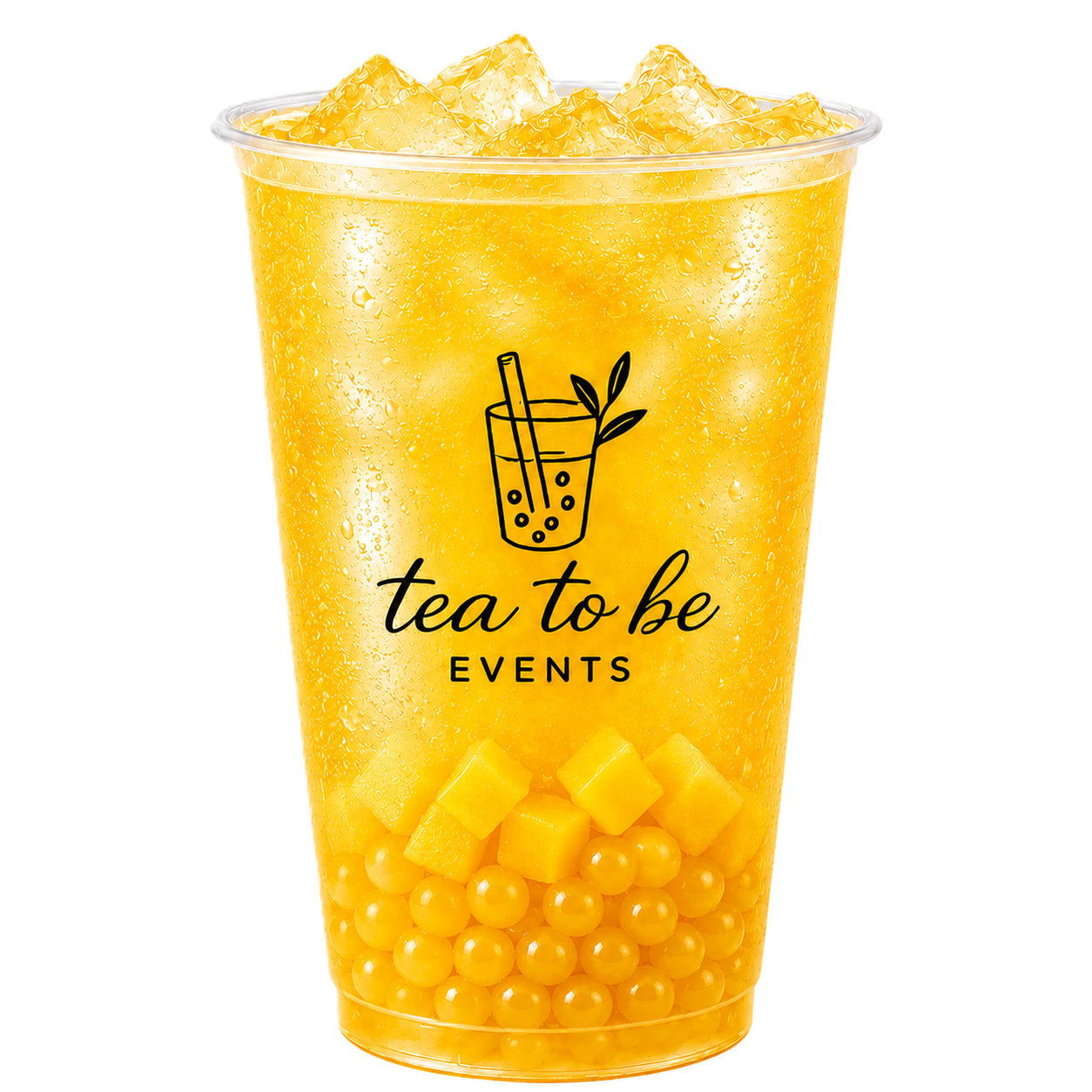 Passionfruit bubble tea in a clear plastic cup with ice, mango chunks, and small yellow spheres, with a logo of a beverage with a straw and leaves and the text 'tea to be EVENTS' on the front.