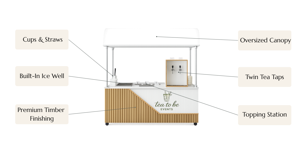 A mobile bubble tea cart with label "tea to be EVENTS." It features an oversized canopy, built-in ice well, cups and straws, twin tea taps, a topping station, and premium timber finishing.