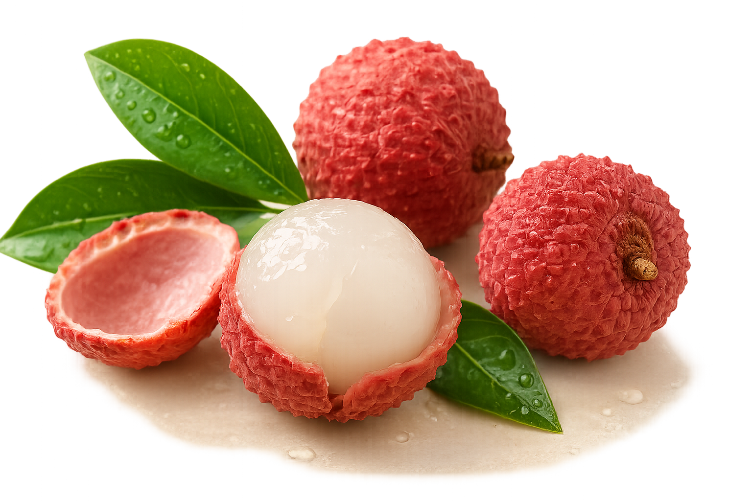 Fresh lychee fruits, some with shells removed to reveal white translucent flesh or seed, along with green leaves and dew drops on the fruits.