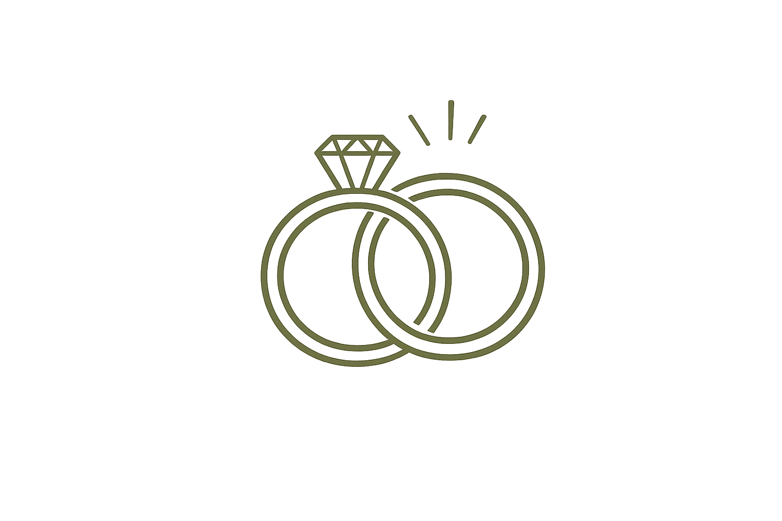 Outline of two rings, one with a large diamond on top, representing wedding or engagement rings, with small lines indicating sparkle or shine.