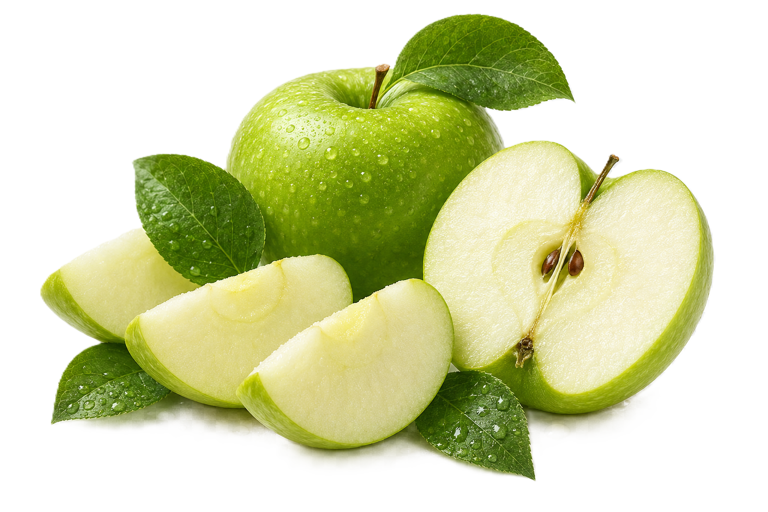 Whole green apple with water droplets, a halved apple showing the core, and apple slices with green leaves.