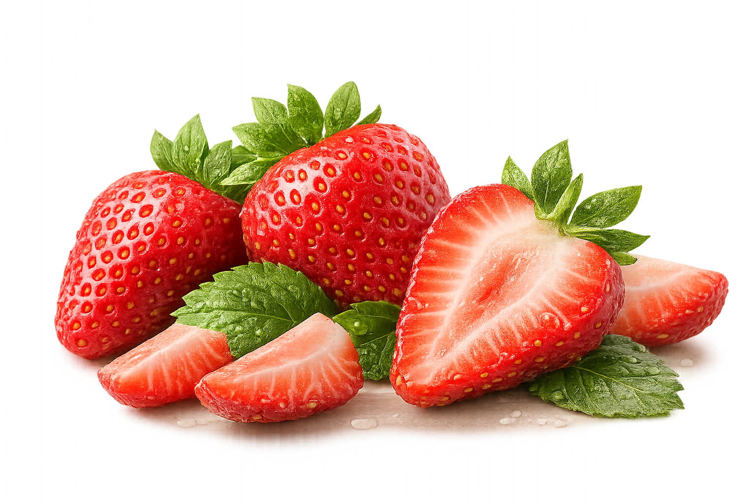 Fresh strawberries with green mint leaves and strawberry slices on a blurred background.