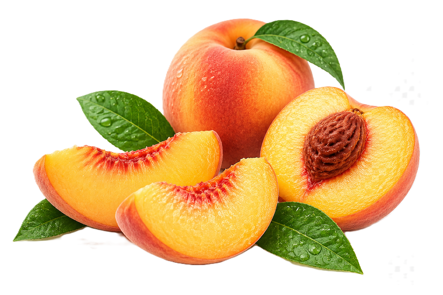 A whole ripe peach with leaves. Two peach slices showing the flesh and a seed.