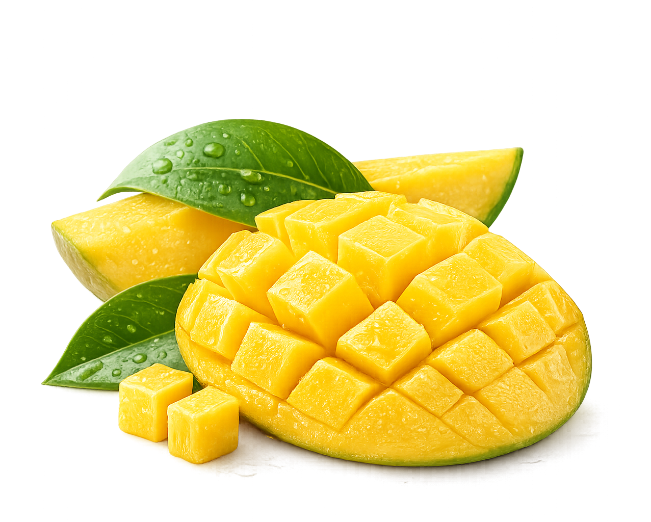Fresh ripe mango with some leaves and mango slices on black background.