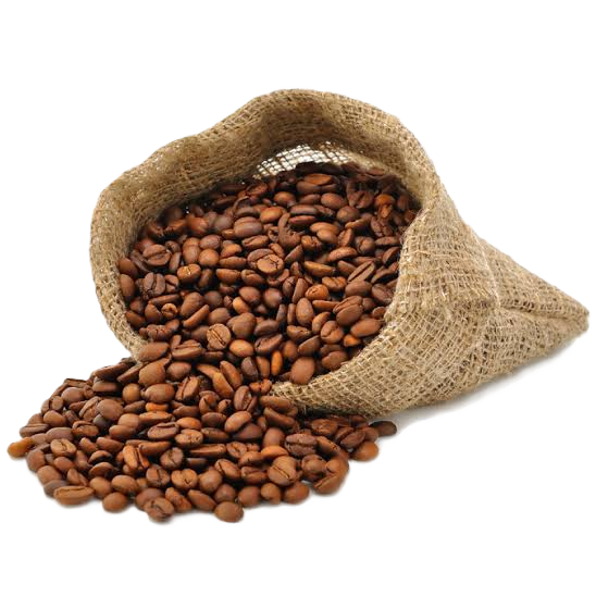 A burlap sack filled with brown coffee beans spilling onto a white surface.