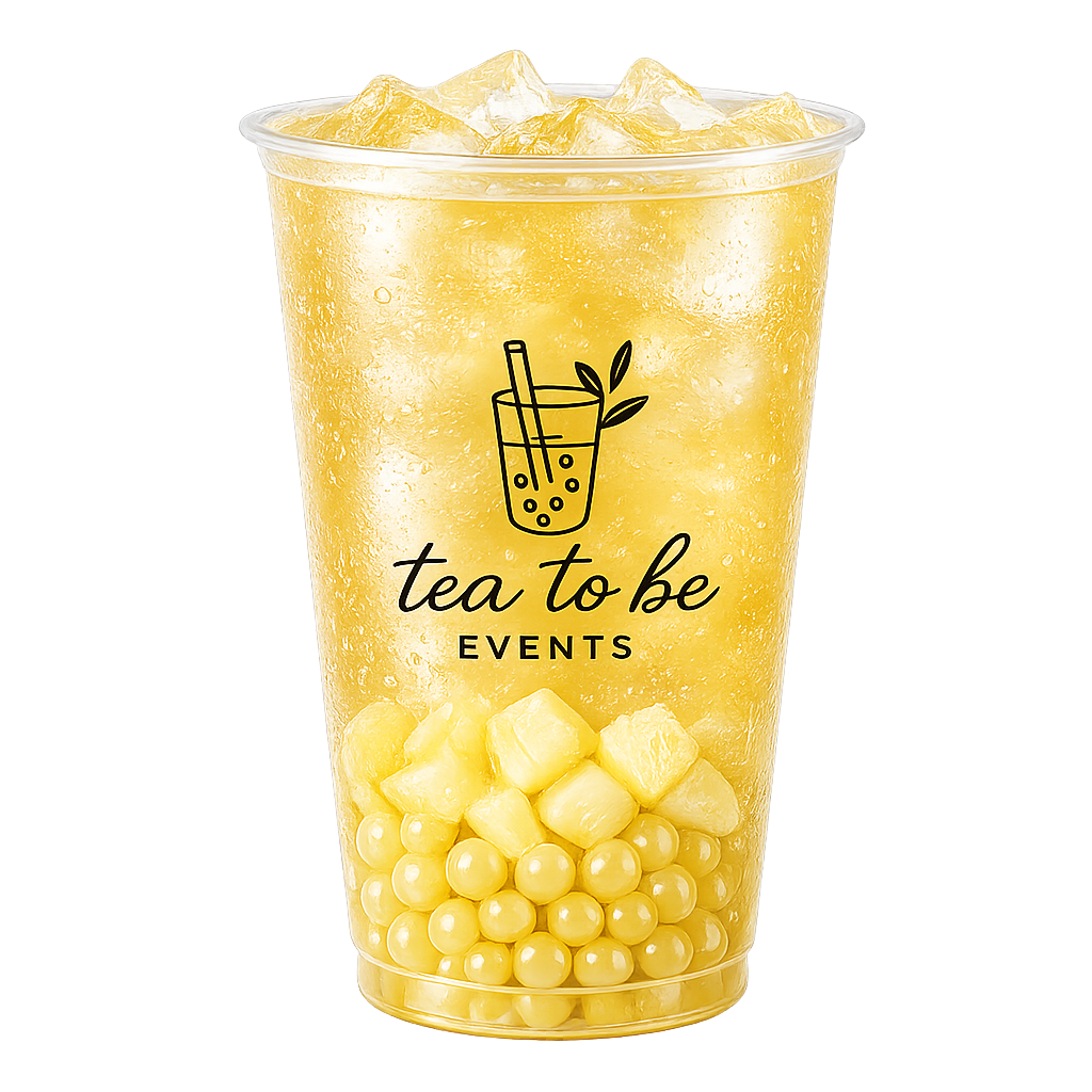 A clear plastic cup filled with lemon bubble tea and ice, featuring a logo of a bubble tea drink with a straw and leaves, and the text "tea to be EVENTS" on the front.
