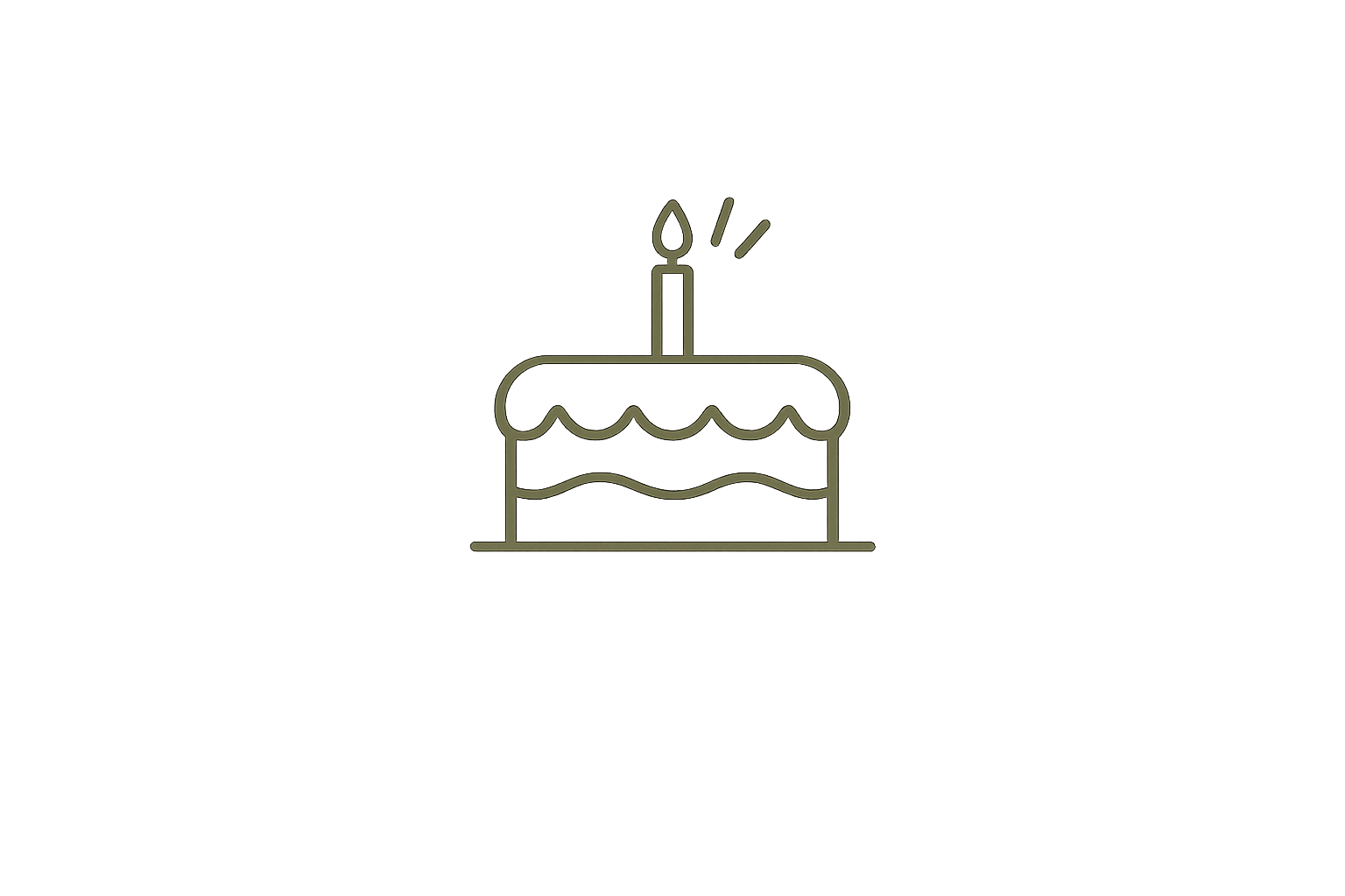 Line drawing of a birthday cake with a single lit candle on top.