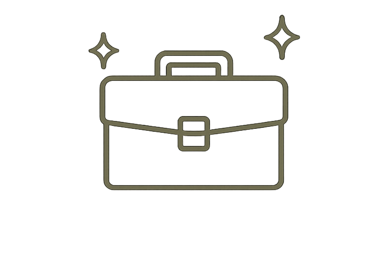Illustration of a briefcase with some sparkling stars around it, and a blue object or shadow with a person holding it on the right side.