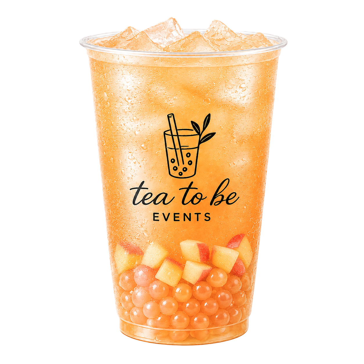 Plastic cup filled with peach-colored bubble tea, ice cubes, small peach chunks, and tapioca pearls, featuring a logo with a boba drink and leaves, and the text "tea to be EVENTS" on the front.