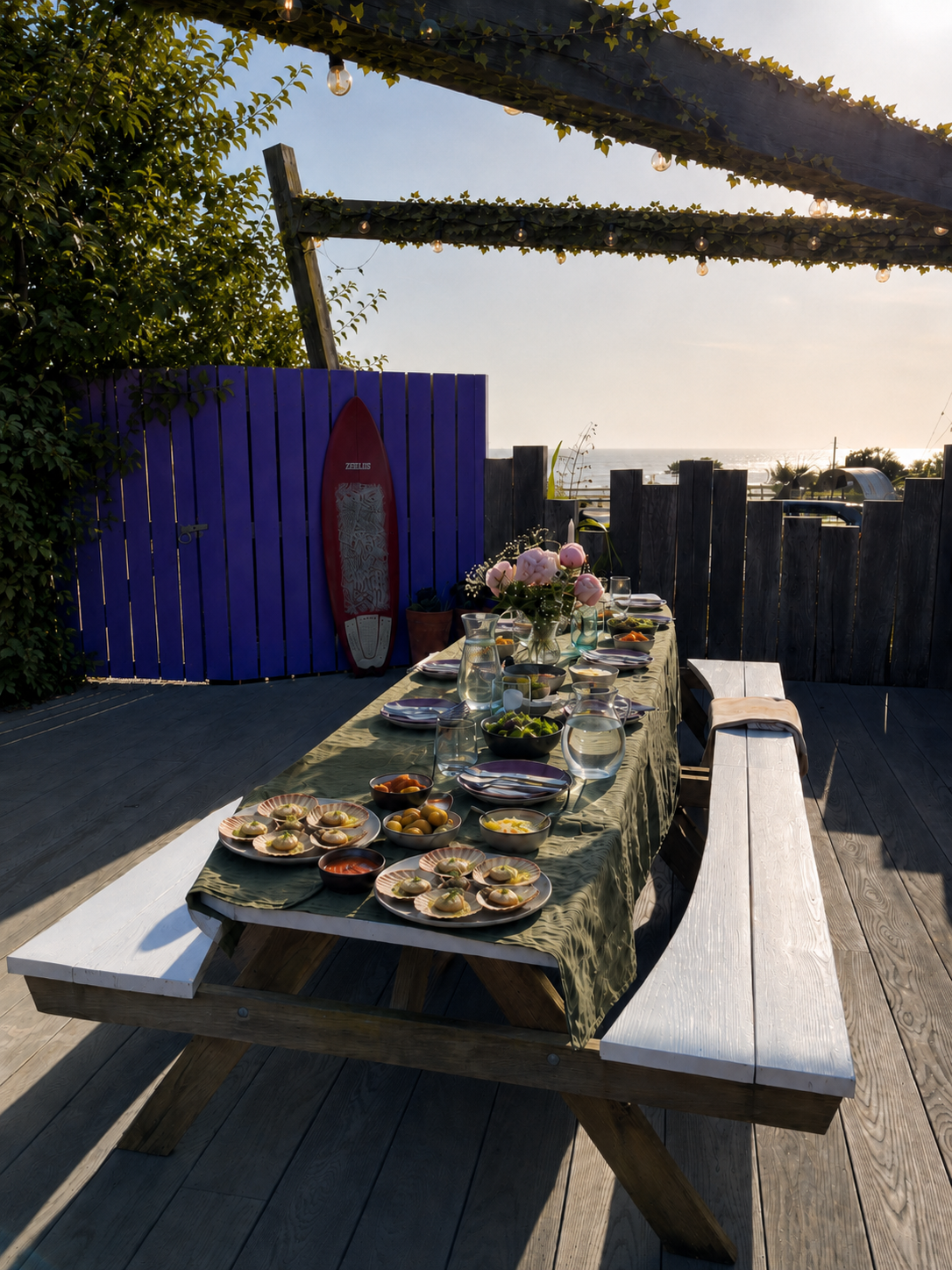 Dinner table set outdoors beside a surfboard at sunset. long table dining.