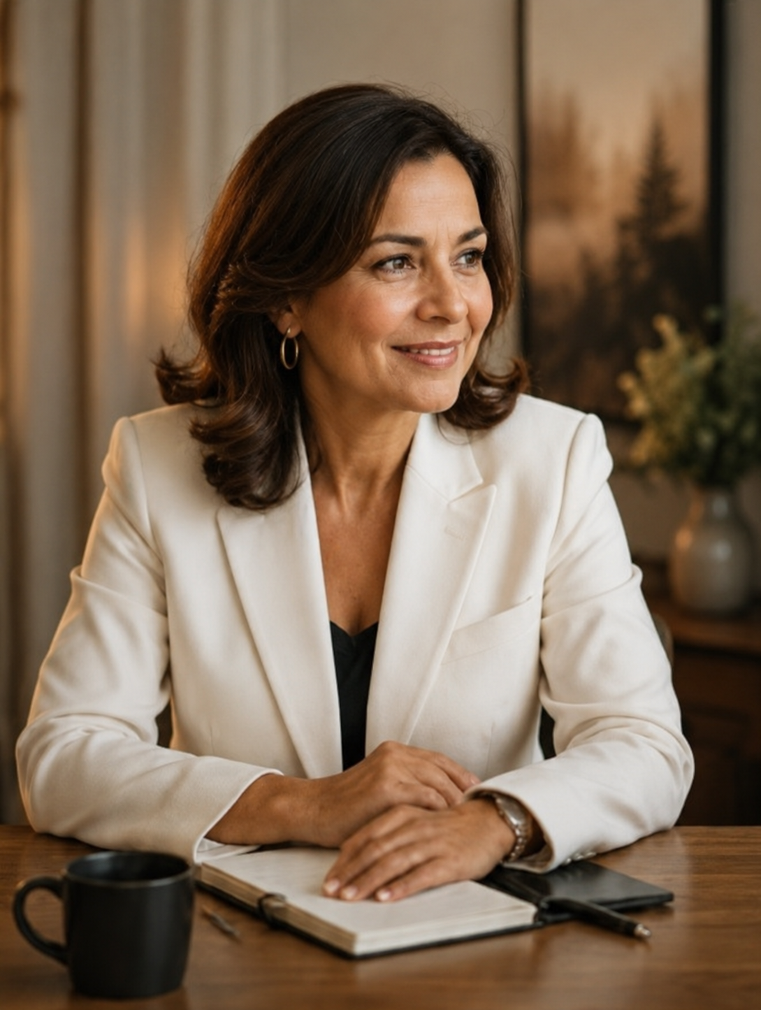 A woman with shoulder-length dark brown hair, wearing a white blazer, sitting at a wooden desk with a notebook, pen, and black coffee mug. She is smiling and looking to the side in a cozy, warmly-lit room with artwork and a plant in the background.