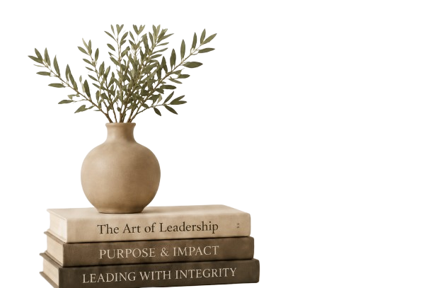 A beige vase with green and gray foliage on top of three stacked books titled "The Art of Leadership," "Purpose & Impact," and "Leading with Integrity," against a background with teal, white, and beige sections.