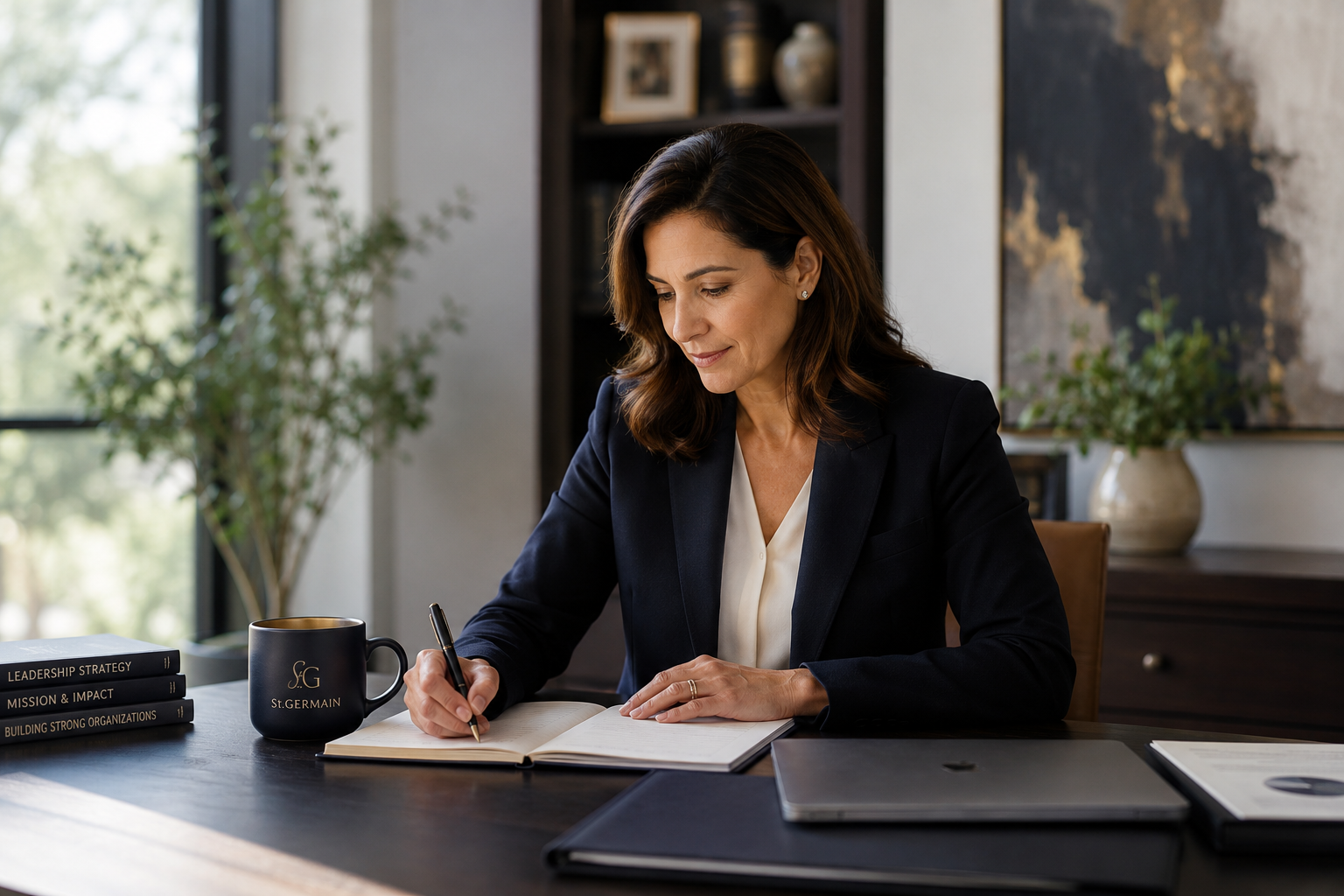 Businesswoman writing in a notebook at her desk with a mug, books, and a laptop.