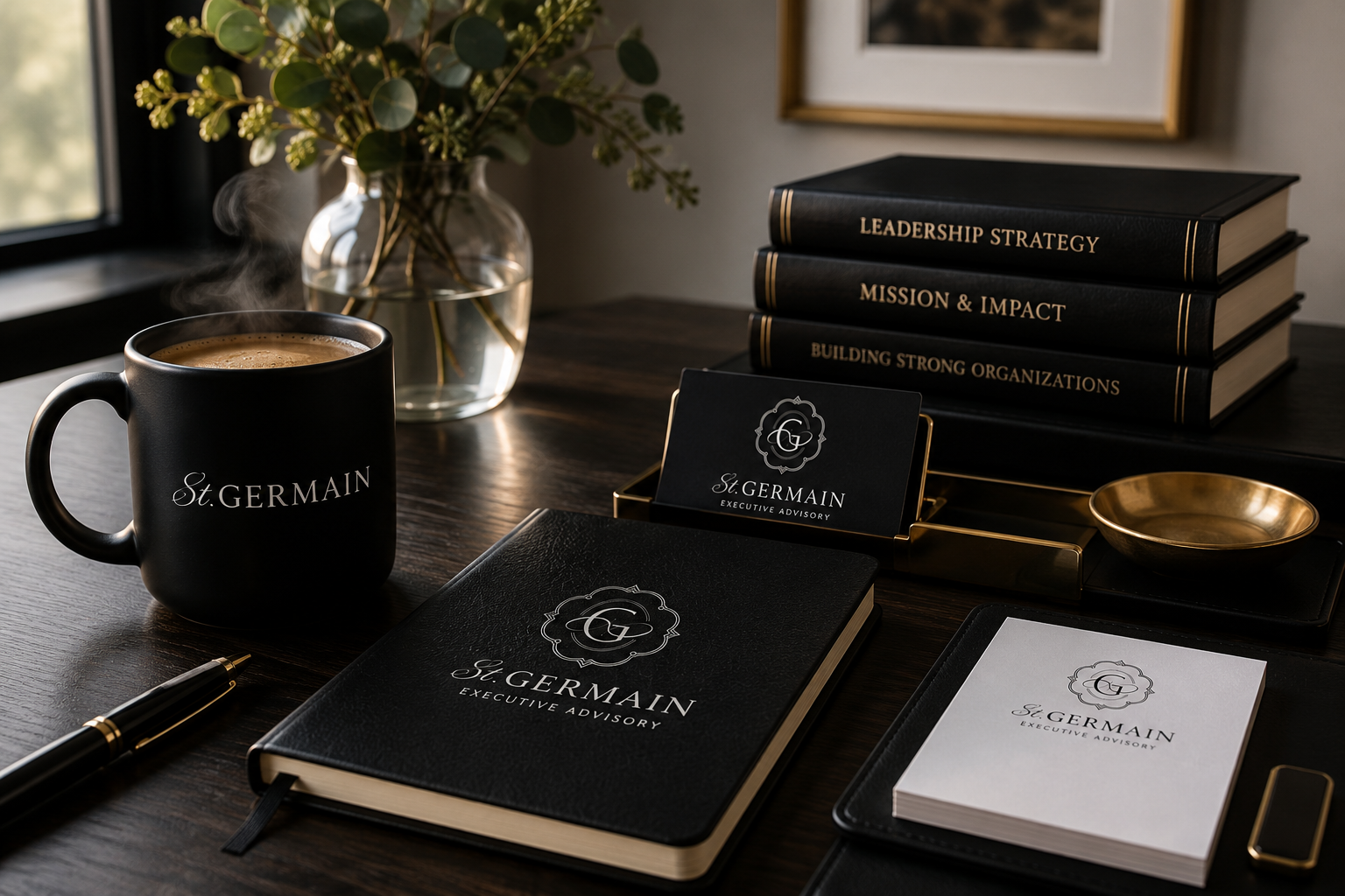 Desk with black coffee mug, stacked black books titled 'Leadership Strategy', 'Mission & Impact', and 'Building Strong Organizations'; a business card holder with 'St. Germain Executive Advisory'; notebooks, a gold pen, a small gold bowl, a gold-trimmed picture frame, and a glass vase with greenery, all on a dark wooden desk near a window.