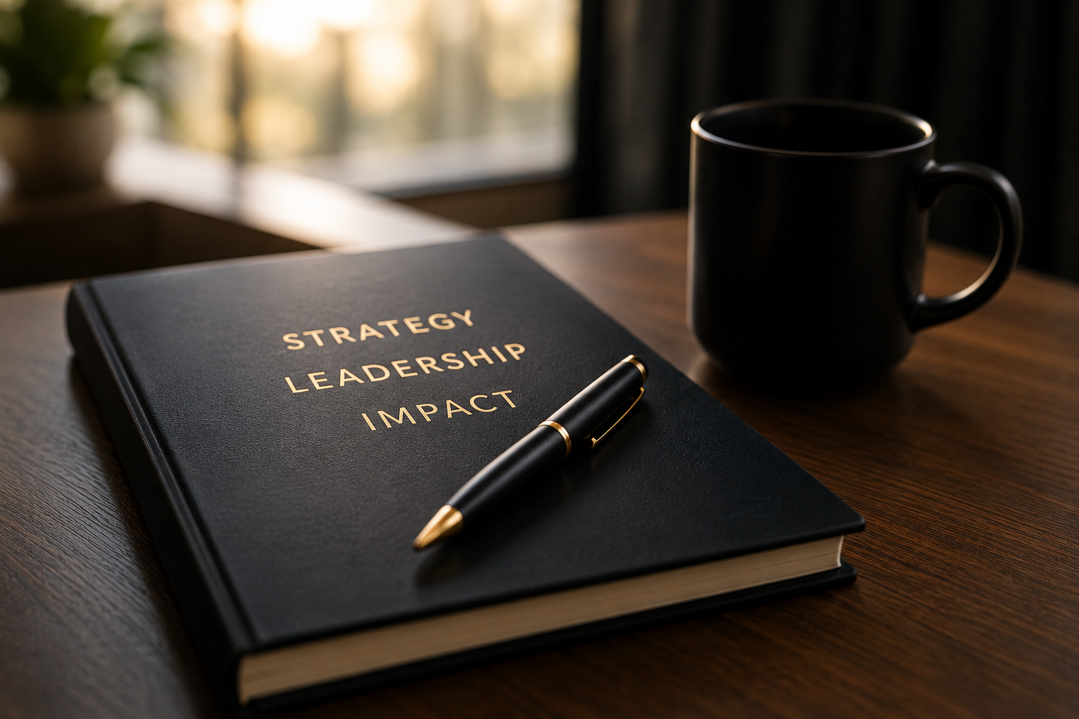 A black hardcover book titled 'Strategy Leadership Impact' with gold lettering, a black and gold pen resting on it, and a black coffee mug on a wooden desk. In the background, there is a blurred window with sunlight.