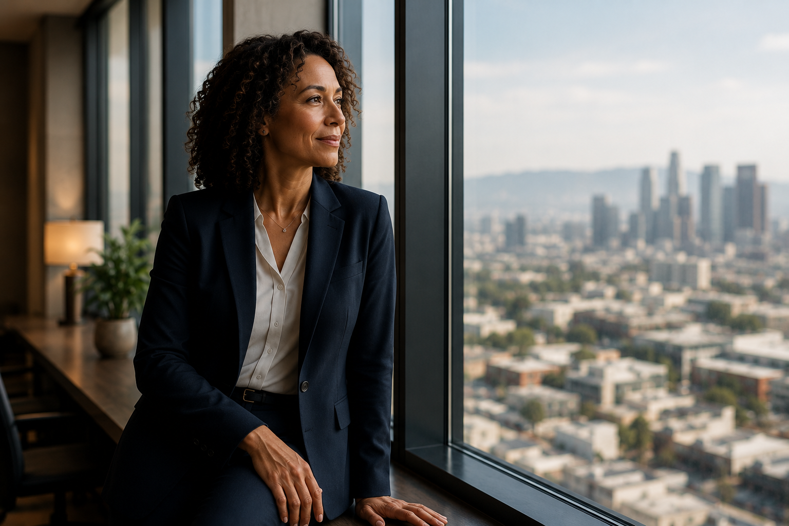 A confident woman in a dark blazer and white shirt gazes out of a large office window overlooking a city skyline.