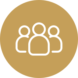Icon of three people in white on a gold circular background.