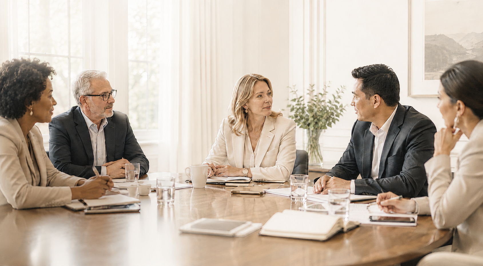 Business meeting around a wooden conference table with five people engaged in discussion, notebooks, cups, and glasses of water on the table, bright natural light from windows in the background, and indoor plants.