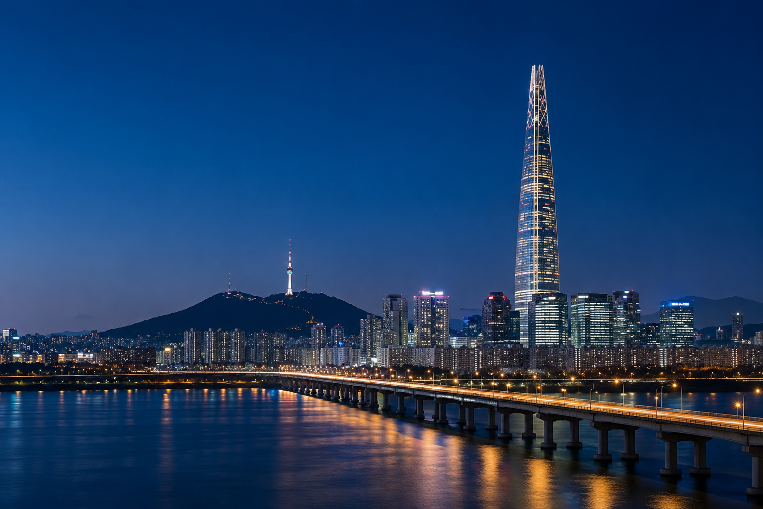 서울 야경, 한강과 선셋이 멋진 강남 일대의 고층빌딩과 남산서울타워가 보임