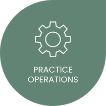 Icon of a gear cog with the words 'Practice Operations' below it on a green background.
