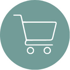 Shopping cart icon on a teal circular background.