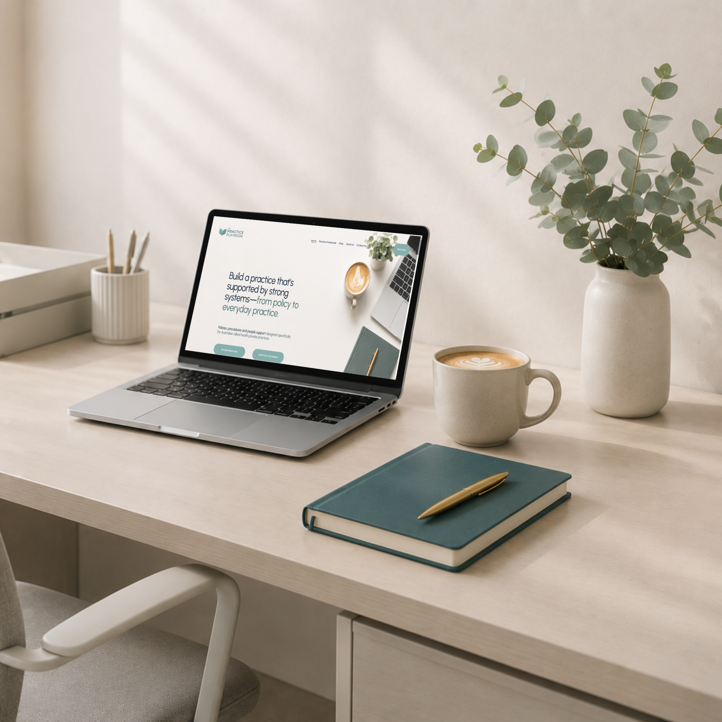 Office desk with an open laptop displaying TPP website, two notebooks with a pen on top, a cup of coffee with latte art, a large leafy plant in a white vase, a smaller cup, and a container holding pencils, against a plain wall background.