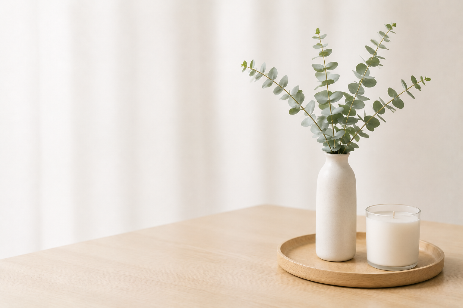 Minimalist interior with a wooden tray on a light wood table holding a tall white vase with green eucalyptus branches and a white candle in a clear glass holder.