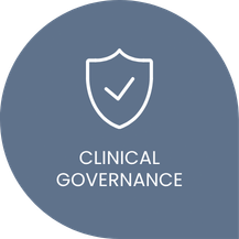 Icon of a shield with a checkmark with the words 'Clinical Governance' below it on a blue background.