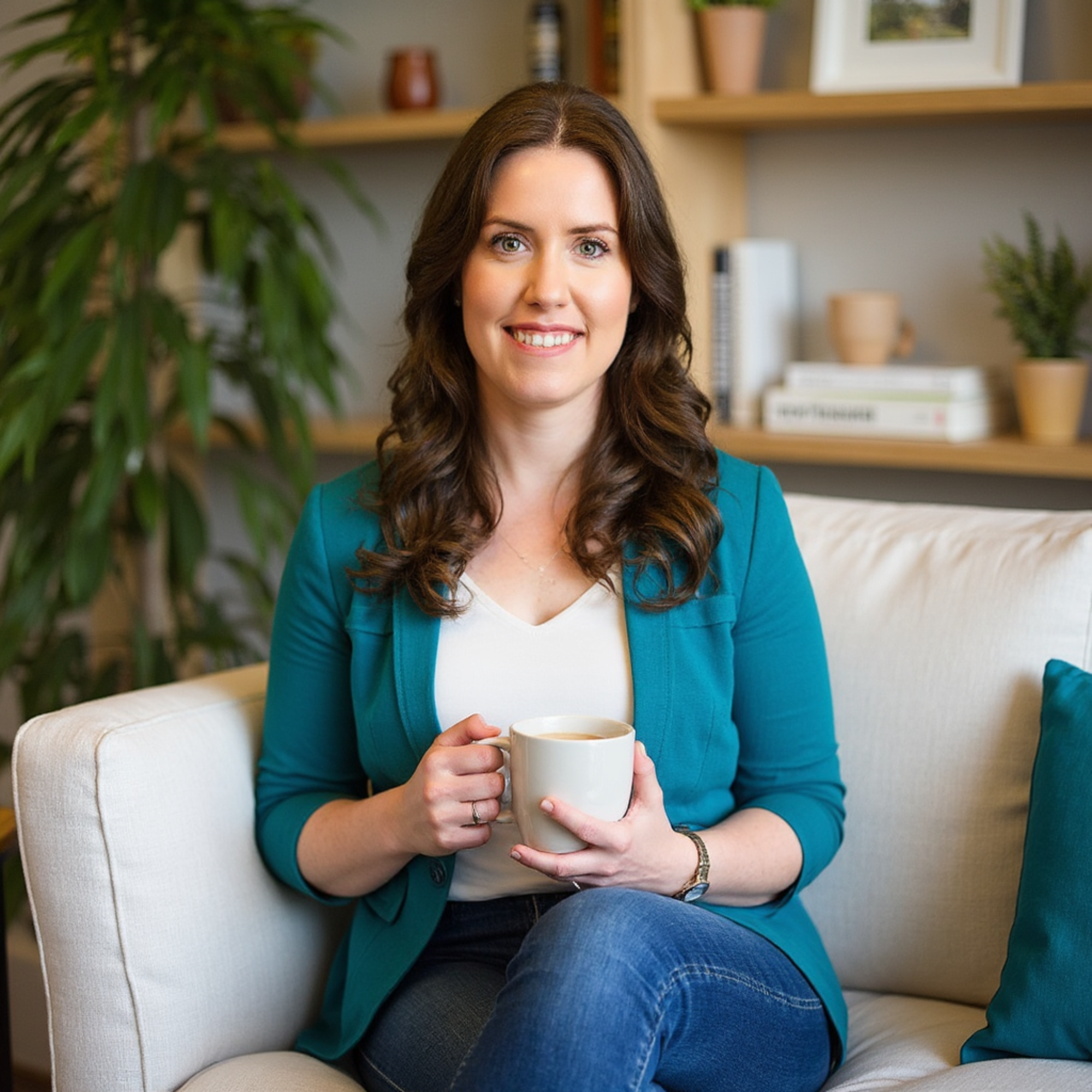 Woman with brown hair and green eyes sitting on a cream-colored couch, holding a beige mug, wearing a white top and teal blazer, in a cozy living room with shelves, plants, and books in the background.