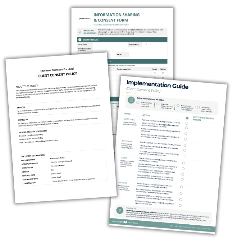 Three documents related to client sharing, consent, and implementation guide for client policy, overlapping each other on a black background.