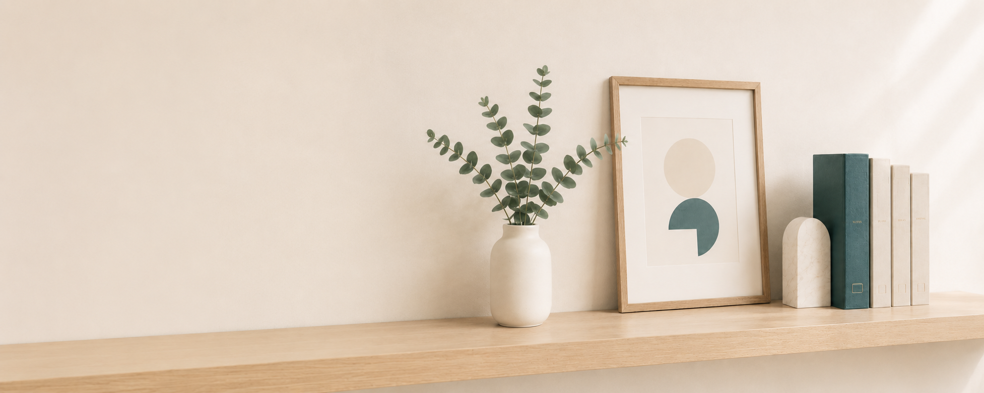 Decorative shelf with a white vase holding green eucalyptus branches, framed abstract art print, blue and white books, and a white marble sculpture, set against a beige wall.