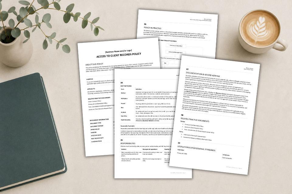 Desk with documents titled 'Access to Client Records Policy', a closed notebook, a potted plant, and a latte with latte art in a mug.