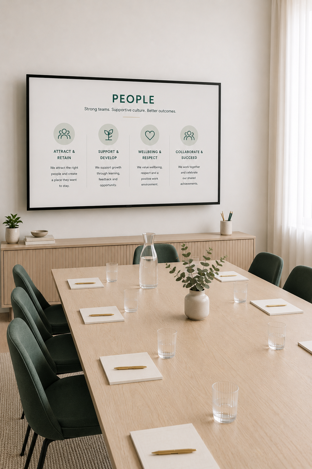 A conference room features a wooden table set with notepads, glasses of water, and a pitcher, with a potted plant in the center. A large screen on the wall displays a presentation titled 'People' with four sections: Attract & Retain, Support & Develop, Wellbeing & Respect, and Collaborate & Succeed.