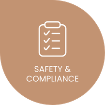 Icon of a clipboard with checkmarks with the words 'Safety & Compliance' below it on an golden background.