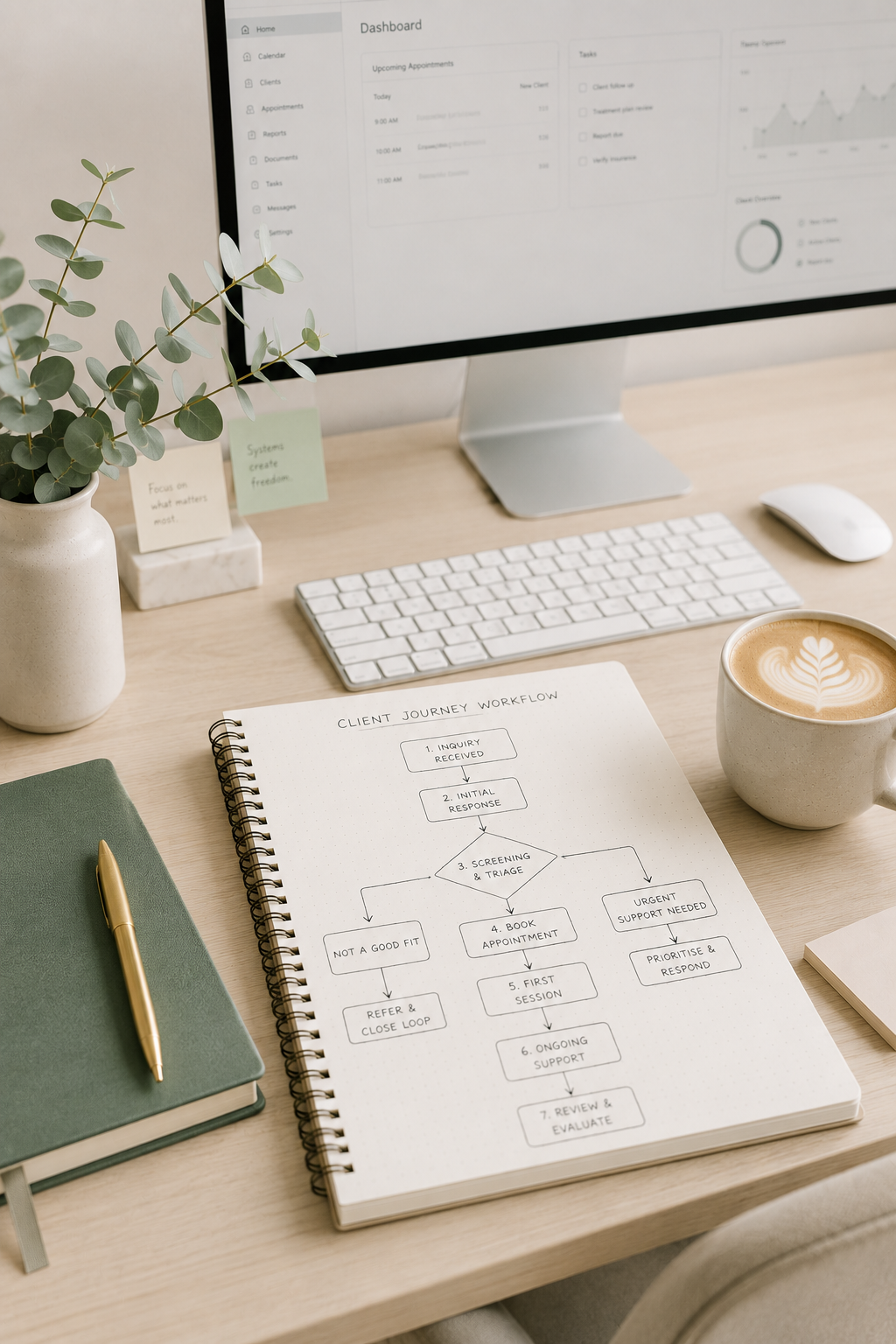 A workspace with a computer monitor displaying a dashboard, a potted eucalyptus plant, a closed green notebook with a gold pen, a spiral notebook titled 'Client Journey Workflow,' a white keyboard, a white mouse, a latte with latte art, and sticky notes on the desk.