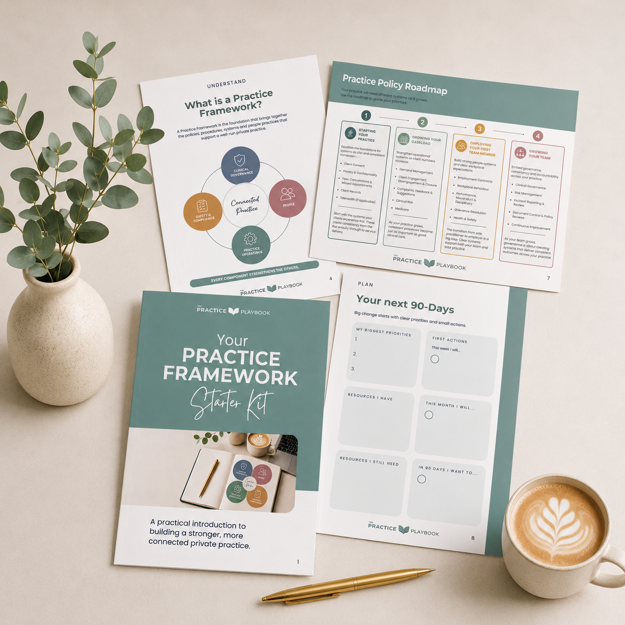 An overhead shot of a neutral desk, featuring a plant in a white vase, a gold pen, a coffee cup with latte art, and various printed materials including a booklet titled 'Your Practice Framework Starter Kit,' practice policy roadmap, and planning sheets.