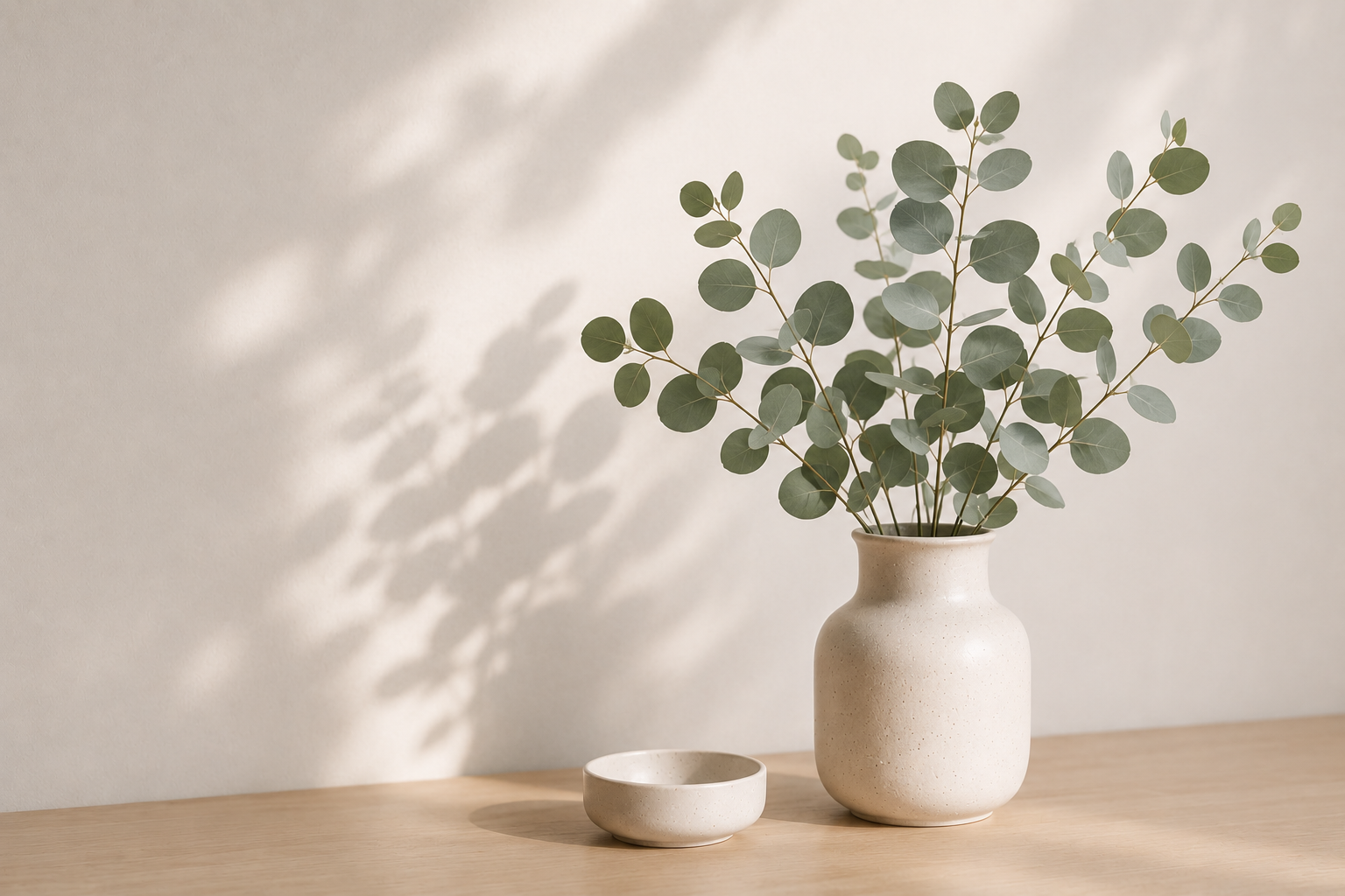 A beige ceramic vase with green eucalyptus leaves on a wooden surface, next to a small matching bowl, with soft shadows on a light wall background.