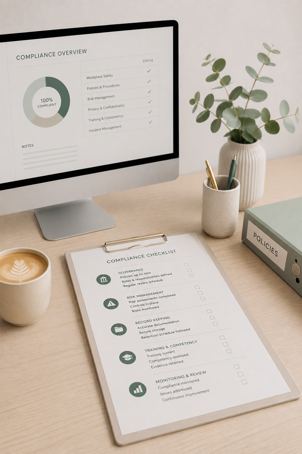 A workspace with a computer screen displaying a compliance overview, a compliance checklist on a clipboard, a cup of coffee, a small plant, a pen holder with pens, and a green policy binder, on a light wooden desk.