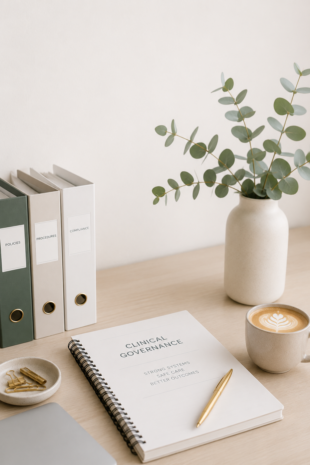 Office desk with folders labeled Policies, Procedures, and Compliance, a notebook titled Clinical Governance, a coffee mug with latte art, a potted eucalyptus plant, a bowl with gold clips, a gold pen, and a closed laptop.