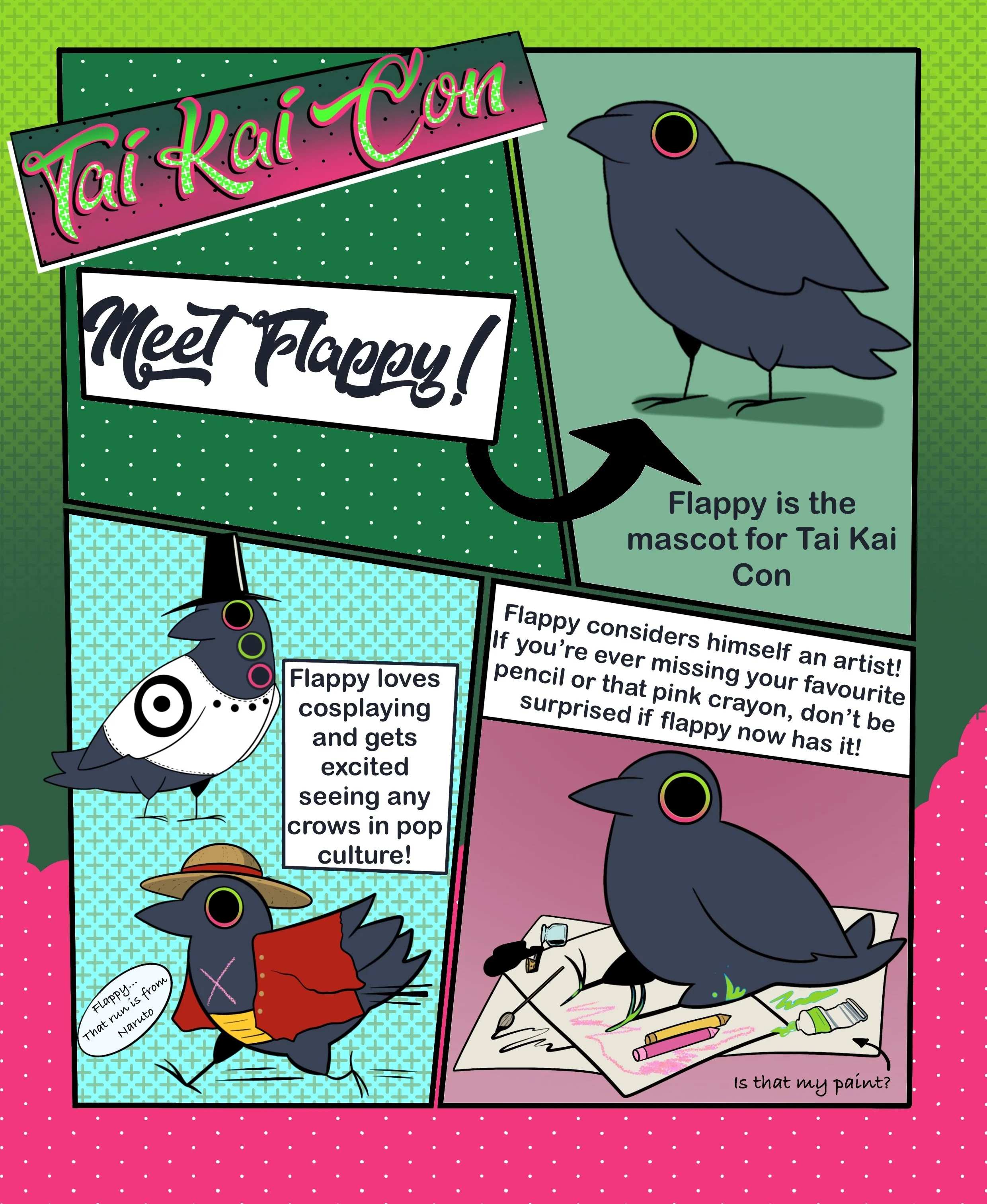 Comic book-style illustration featuring a black bird with colorful spots, dressed as a ninja with a straw hat, carrying a scroll, surrounded by colorful backgrounds and speech bubbles discussing cosplay, art, and paint.