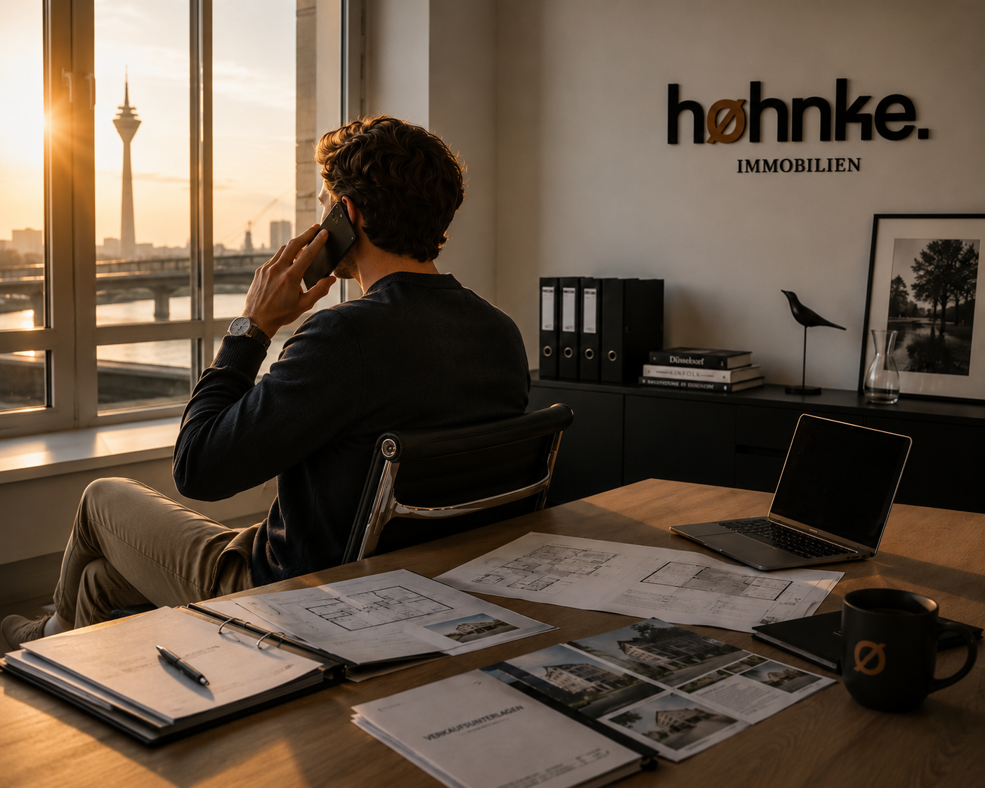 Ein Mann sitzt in einem Büro, spricht am Telefon, mit Blick auf die Stadt bei Sonnenuntergang. Im Büro sind ein Laptop, Architekturdokumente und ein Kaffeetasse auf dem Tisch.