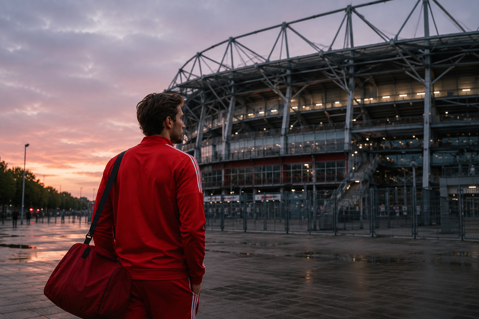 Junger Mann in rotem Sportoutfit mit Sporttasche vor einem Stadion bei Sonnenuntergang.