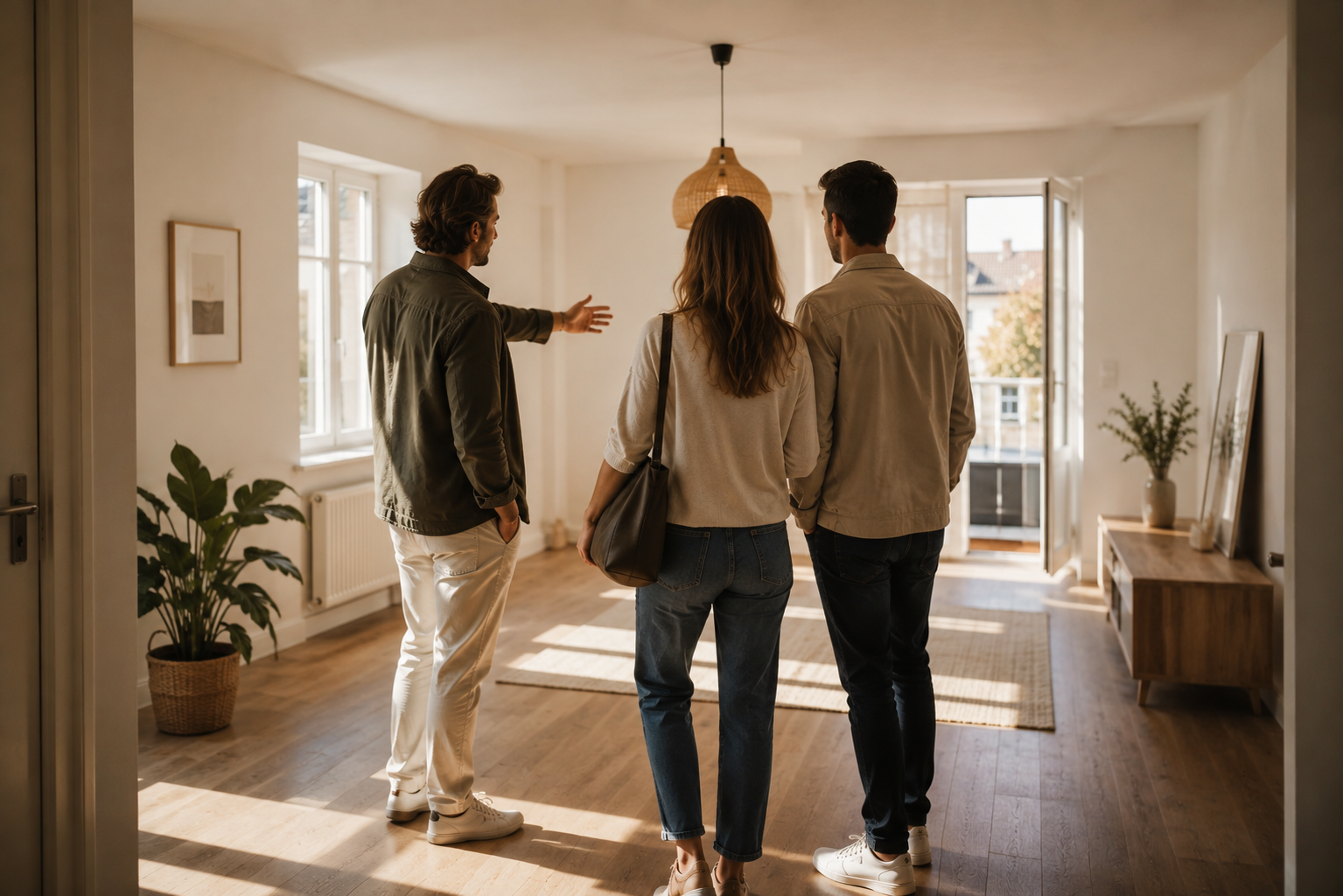 Makler und Interessenten bei der Besichtigung einer hellen, modern eingerichteten Wohnung.