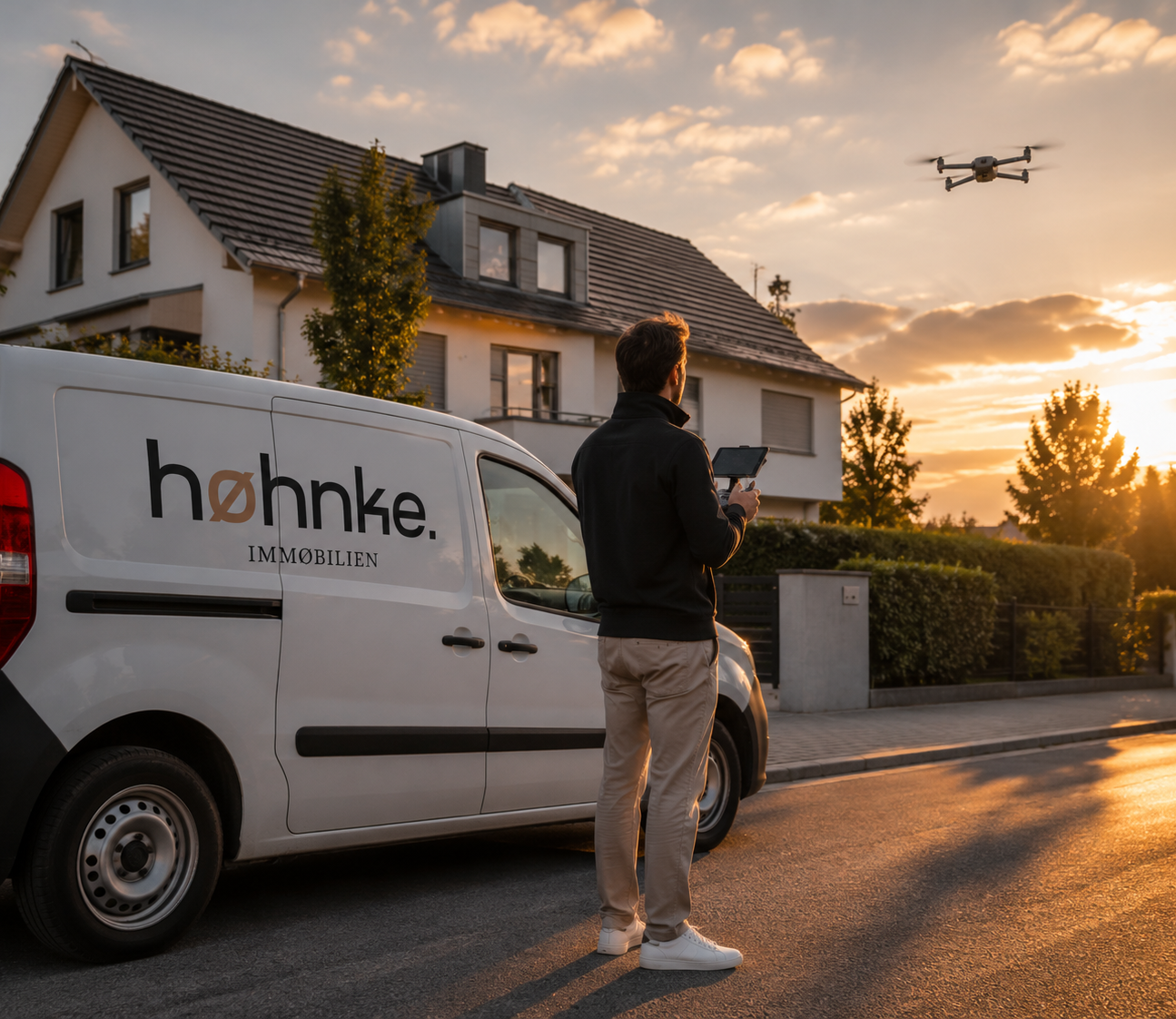 Ein Mann steht vor einem weißen Lieferwagen mit dem Schriftzug 'hohnke Immobilien', während ein Drohne am Himmel fliegt, bei Sonnenuntergang in einer Wohngegend mit modernen Häusern und Bäumen.
