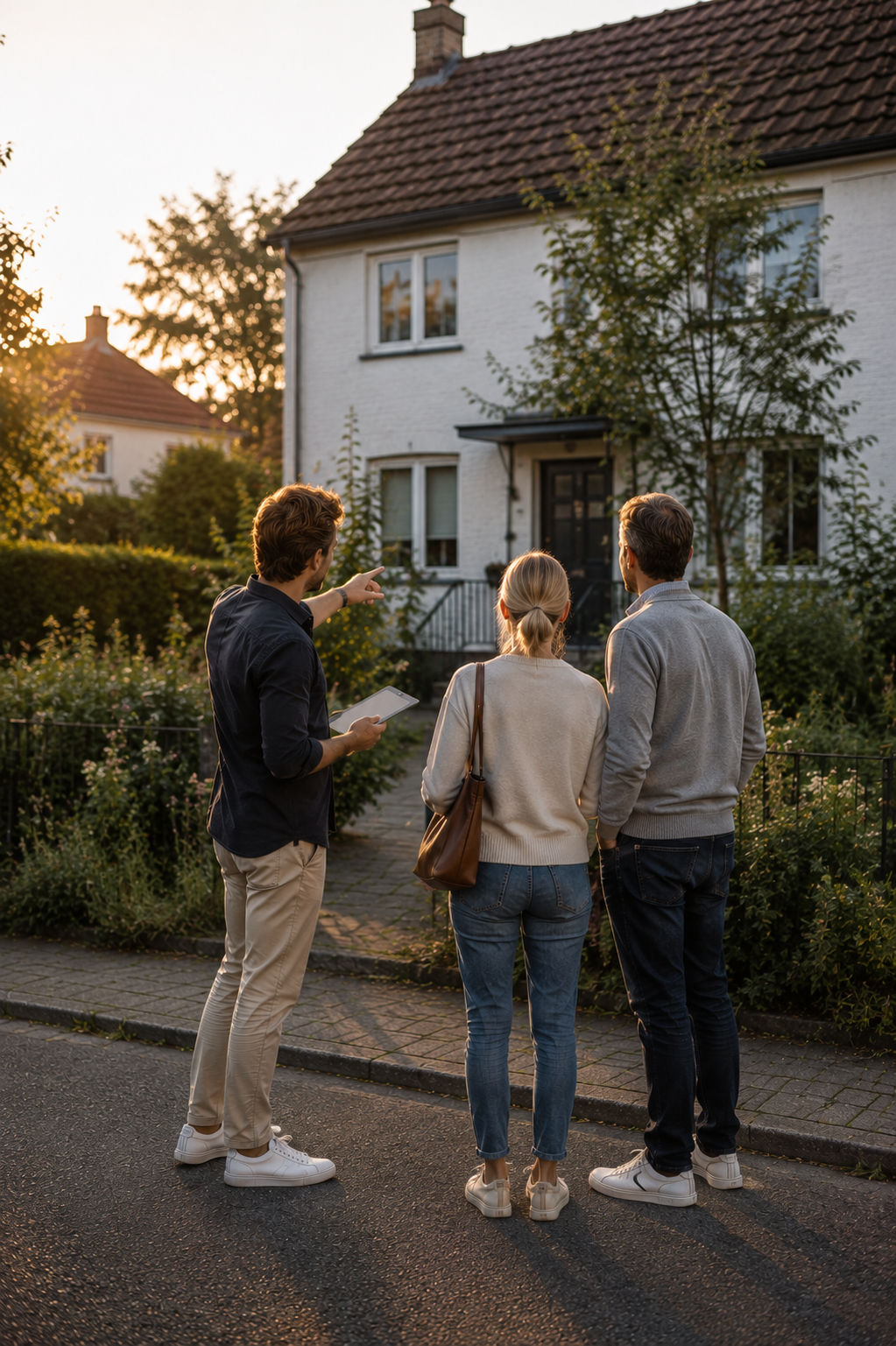 Drei Menschen stehen vor einem Haus und unterhalten sich, während einer auf das Haus zeigt. Es ist Sonnenuntergang, die Szene ist ruhig und in einer Vorstadt.