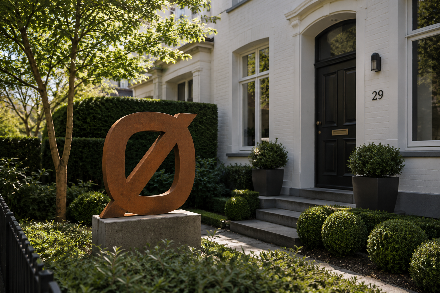 Ein modernes Haus mit weißer Fassade, schwarzen Türen und einer minimalistischen Gartendeko, inklusive einer großen rustikalen Metallskulptur im Vorgarten.