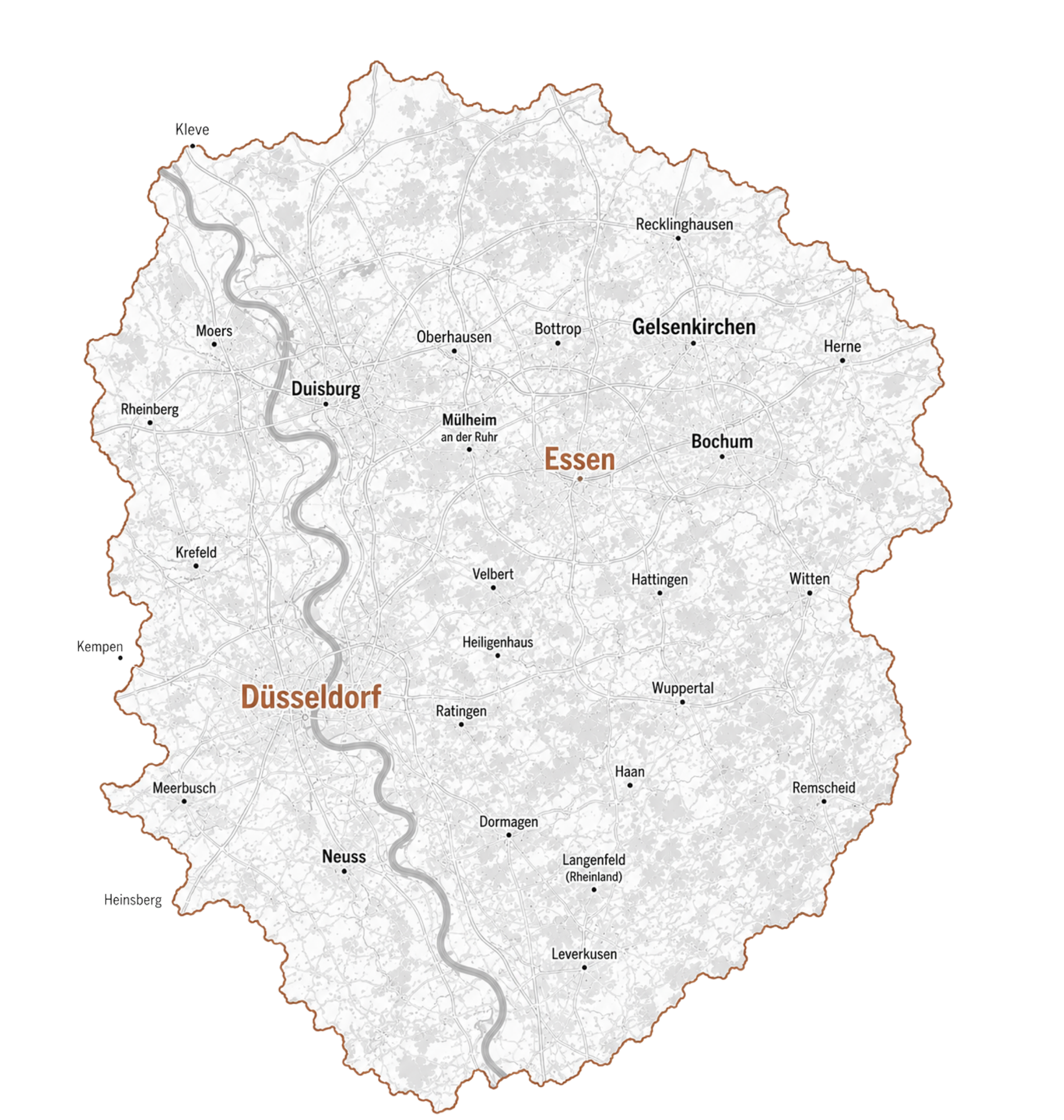 Karte von Nordrhein-Westfalen mit markiertem Dortmund, Düsseldorf, Essen, Krefeld, Moers, Rheinberg, Heinsberg, Neuss, Leverkusen, Wuppertal, Heiligenhaus, Dormagen, Haan, Remscheid, Witten, Hattingen, Wuppertal, Ratingen, Meerbusch, Kempen, Heinsberg, Velbert, Mülheim an der Ruhr, Bottrop, Recklinghausen, Herne, Bochum, Klev​e, Duisburg, Oberhausen, Wiesen, Hattingen, Haan, Remscheid, Witten, Wuppertal, Hagen, Dortmund, Krefeld, Moers, Rheinberg, Heinsberg, Neuss, Leverkusen, Düsseldorf, Essen, Gelsenkirchen, Duisburg, Krefeld, Moers, Klev​e.