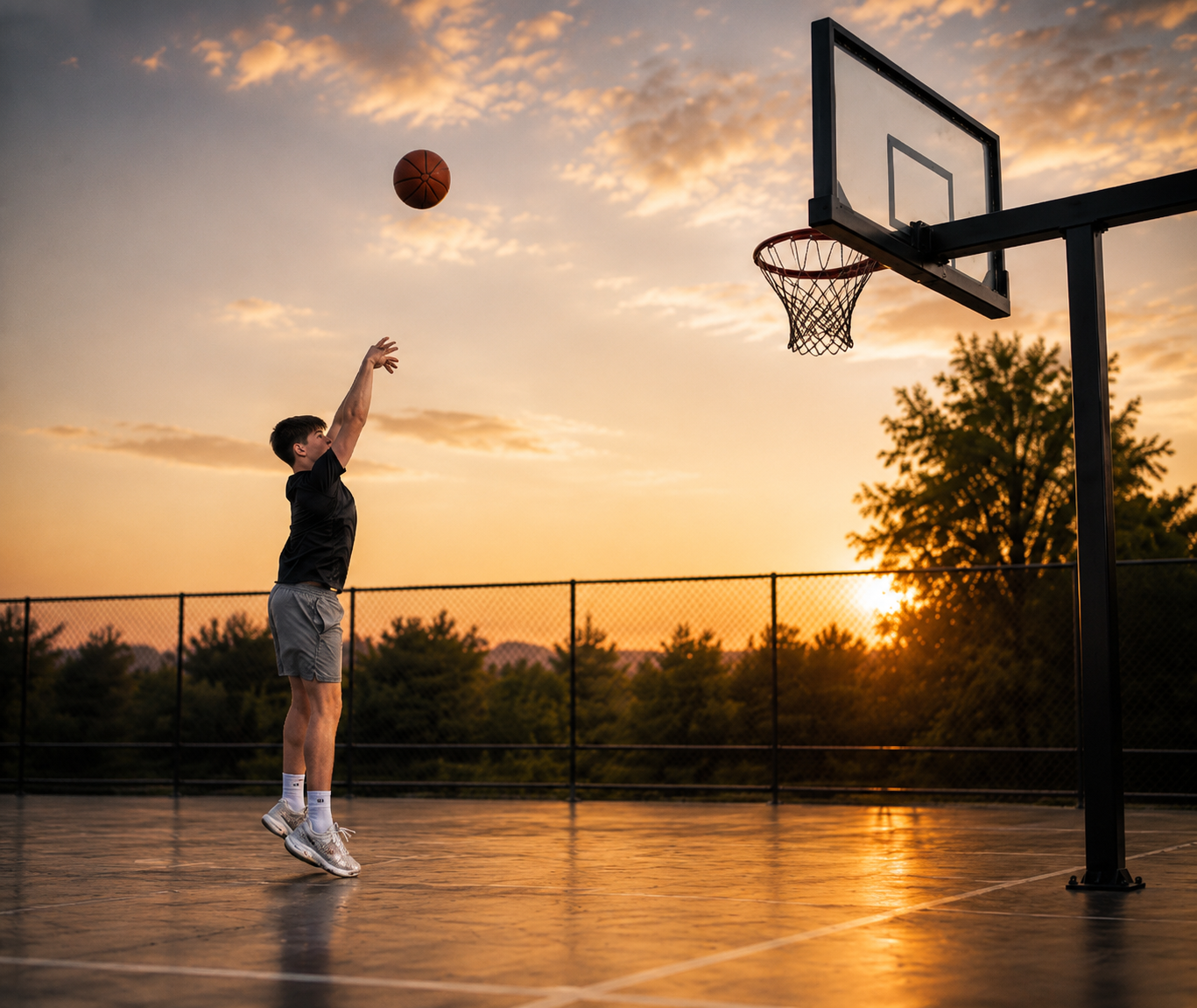 A boy shooting a basketball on an outdoor court during sunset.